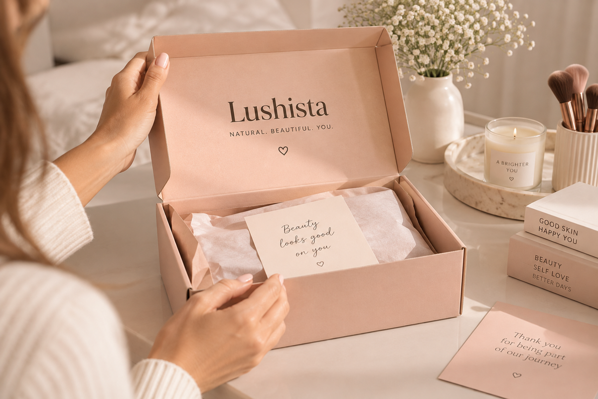 Iemand opent een zachtroze 'Lushista'-geschenkdoos op een lichtgekleurd tafelblad; in de doos bevinden zich vloeipapier en een handgeschreven kaartje. Het geheel is gestyled met een kaars, make-upkwasten en een klein doosje, in een licht en sfeervol interieur.